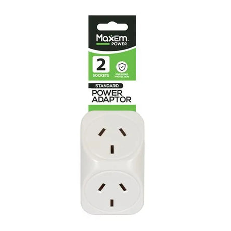 Maxem power adaptor with two sockets on a white background