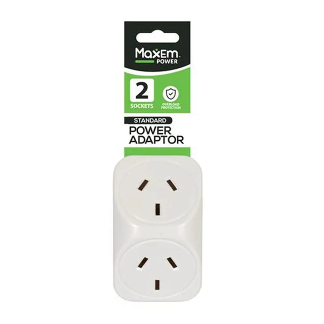 Maxem power adaptor with two sockets on a white background