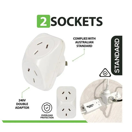 White power adapter with '2 SOCKETS' branding and product features on a white background