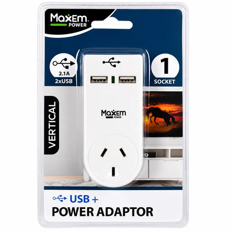 MaxEm Power vertical USB plus power adaptor in retail blister pack – 2.1A dual USB and 1 socket