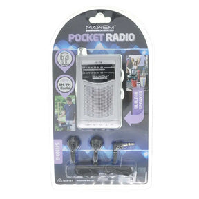 Maxem pocket radio in packaging with images of use on a white background