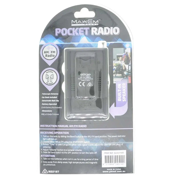 Maxem pocket radio packaging with clear window showing the radio inside.