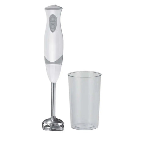 Handheld blender with a clear glass on a white background