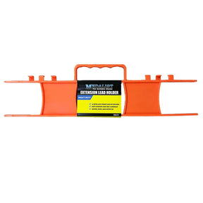 Orange extension lead holder with a label on a white background