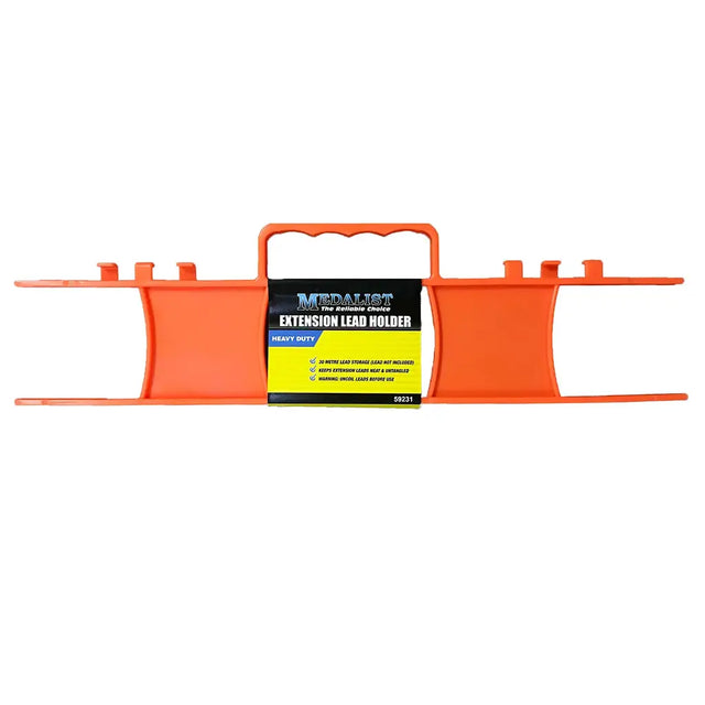 Orange extension lead holder with a label on a white background