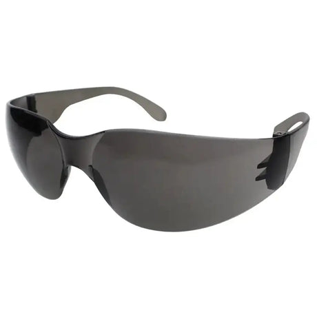 Shield-style safety glasses with a dark gray translucent frame and tinted lenses, shown on a plain white background.