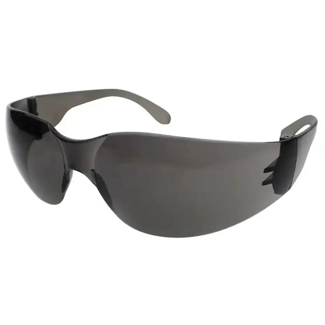 Shield-style safety glasses with a dark gray translucent frame and tinted lenses, shown on a plain white background.