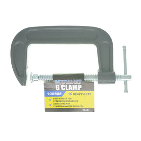 Heavy-duty G clamp with a visible brand label on a white background