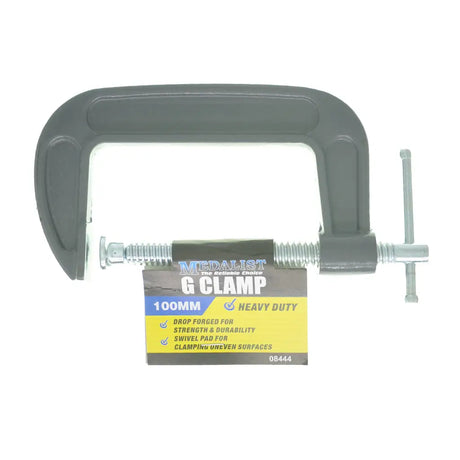 Heavy-duty G clamp with a visible brand label on a white background