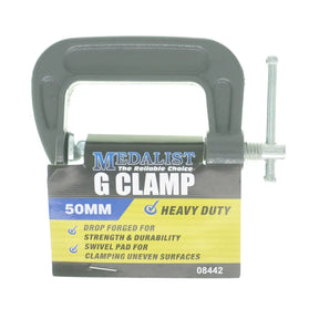 Heavy-duty G clamp with Medalist branding on a white background
