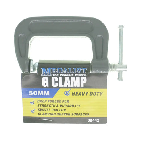 Heavy-duty G clamp with Medalist branding on a white background