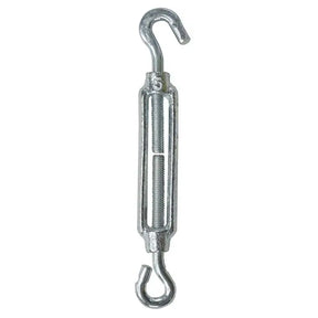 Metal turnbuckle with two hooks on a white background