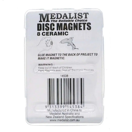 Packaging of Medalist disc magnets with text and a barcode on a white background