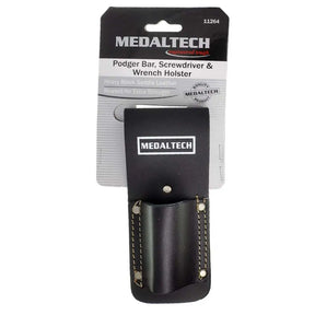 Medaltech black leather tool holster with a clip, shown on its original retail backing card. The holster features a stitched leather body with a metal rivet and a white printed Medaltech logo.