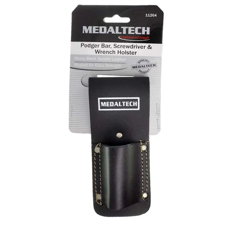 Medaltech black leather tool holster with a clip, shown on its original retail backing card. The holster features a stitched leather body with a metal rivet and a white printed Medaltech logo.