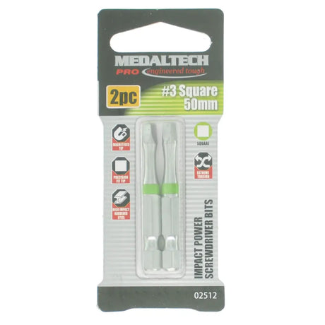 A 2-pack of Medaltech Pro #3 Square 50mm impact power screwdriver bits in their original retail blister packaging, shown against a plain white background.