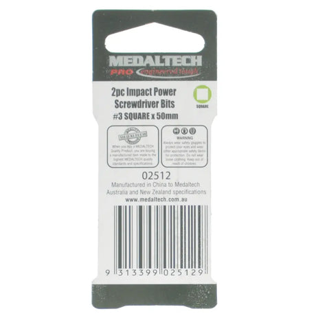 Medaltech Pro Power Tools 2-piece impact power screwdriver bits package, #3 SQUARE x 50mm, in its original retail blister card.