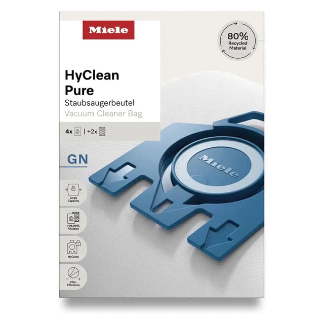 Miele HyClean Pure vacuum cleaner bag packaging on a white background