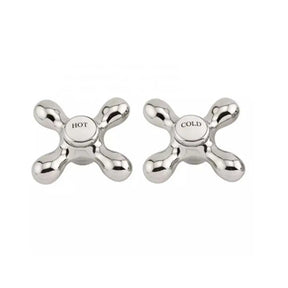 Two silver faucet handles labeled 'Hot' and 'Cold' on a white background