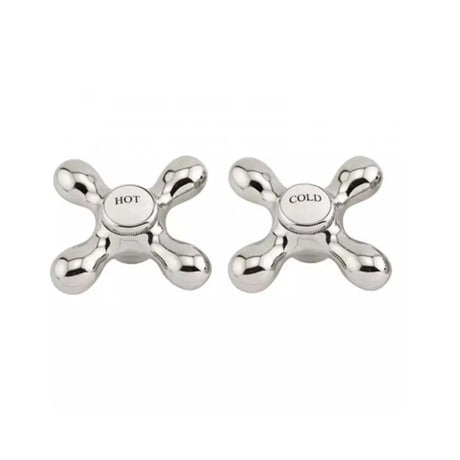 Two silver faucet handles labeled 'Hot' and 'Cold' on a white background