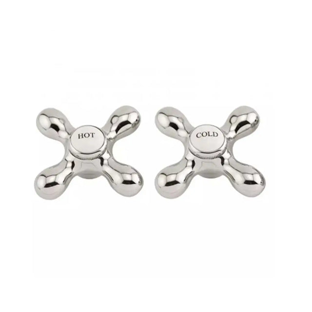 Two silver faucet handles labeled 'Hot' and 'Cold' on a white background