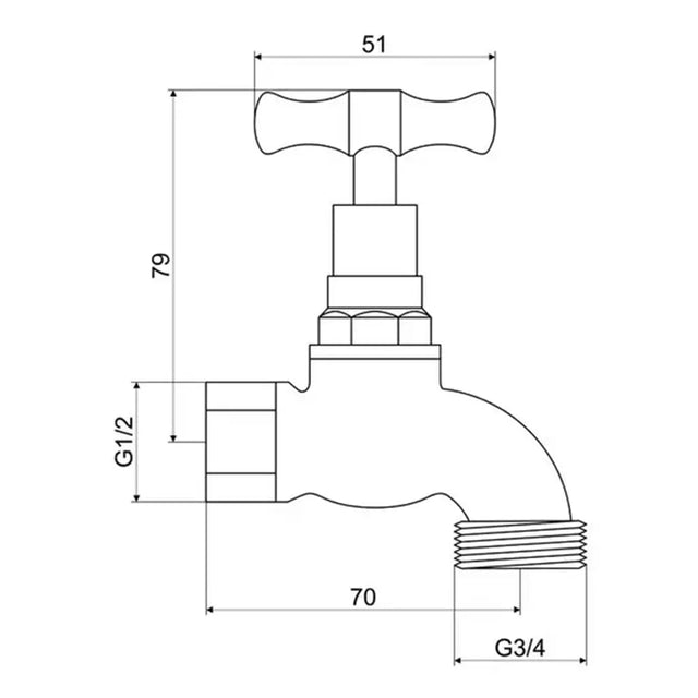 Technical drawing of a plumbing valve with dimensions