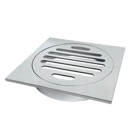 Square metal drain cover on a white background