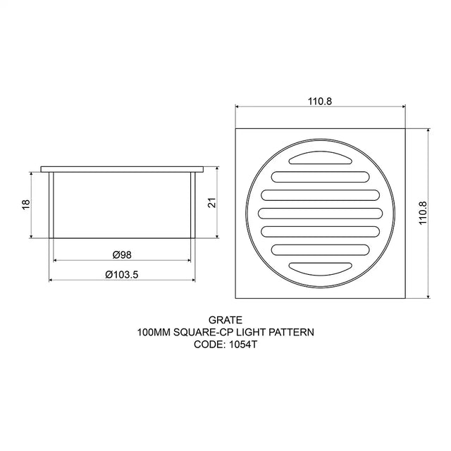 Technical drawing of a round grate with dimensions and code 1054T on a white background