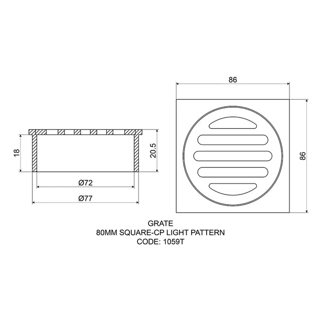 Technical drawing of a 80mm square drain grate with dimensions and code.