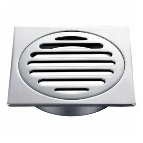 Square metal drain cover on a white background