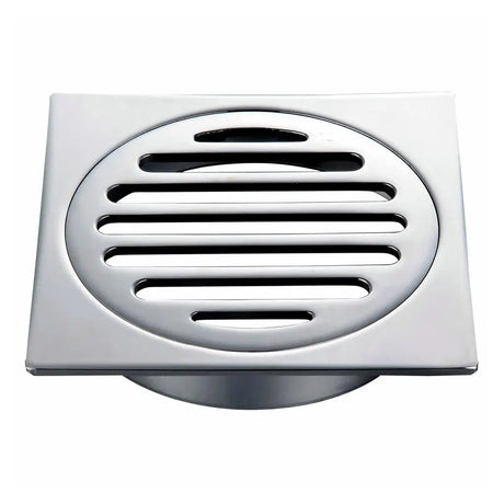Square metal drain cover on a white background