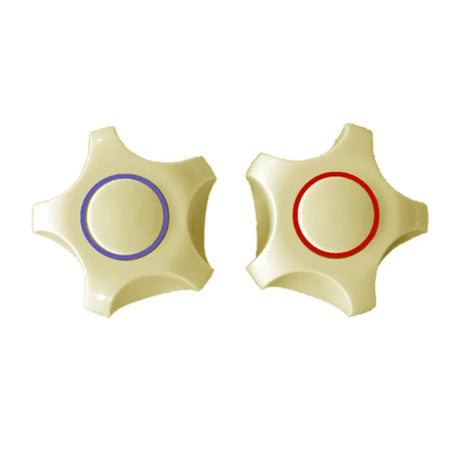 Two beige circular objects with colored rings on a white background