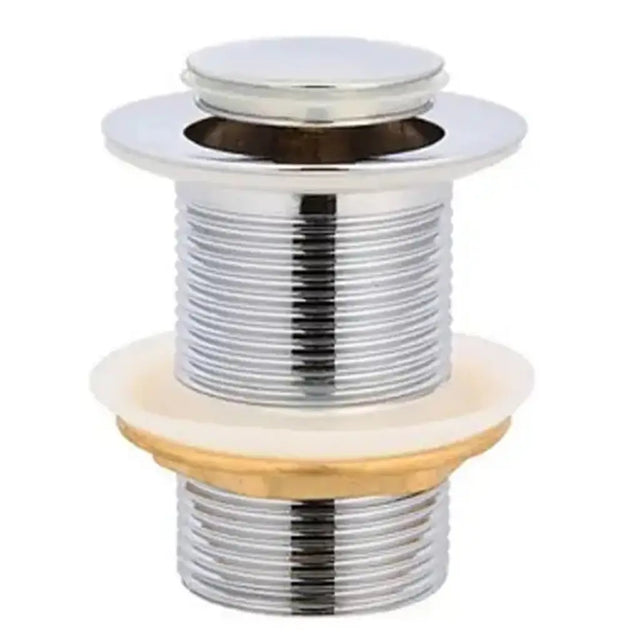 Bathroom sink drain with metal and wooden components on a white background