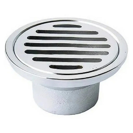 Round metal drain cover on a white background
