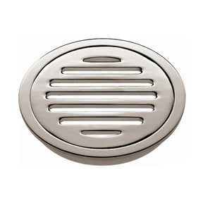 Round metallic drain cover on a white background