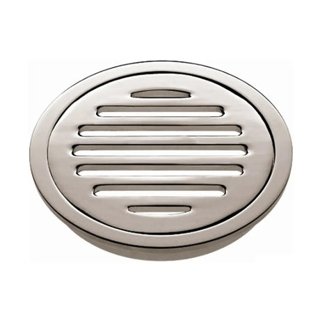 Round metallic drain cover on a white background