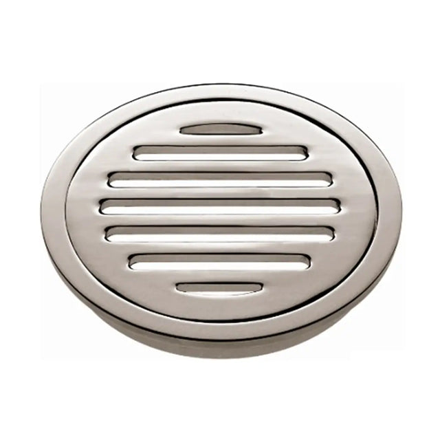 Round metallic drain cover on a white background