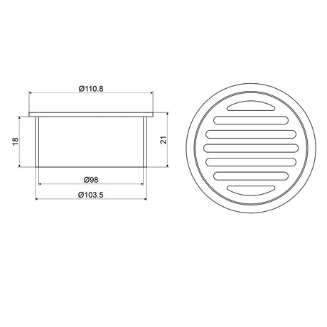 Technical drawing of a round metal drain cover with dimensions on a white background