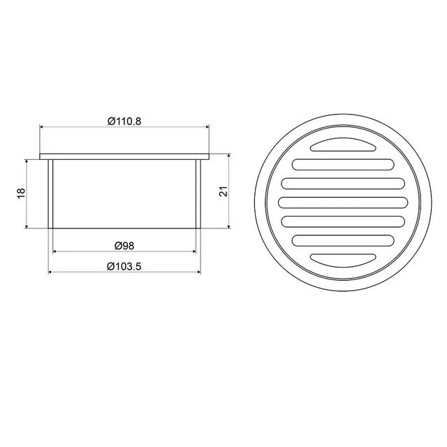Technical drawing of a round metal drain cover with dimensions on a white background