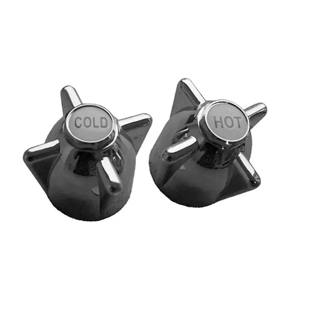 Two black hot and cold temperature control knobs on a white background