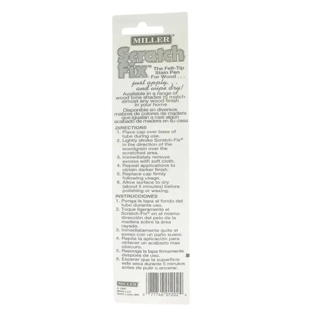 Miller Scratch Fix felt-tip stain pen packaging with text on a white background