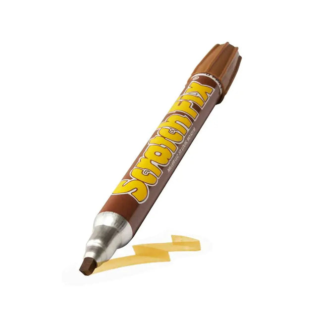 Brown marker with yellow text on a white background