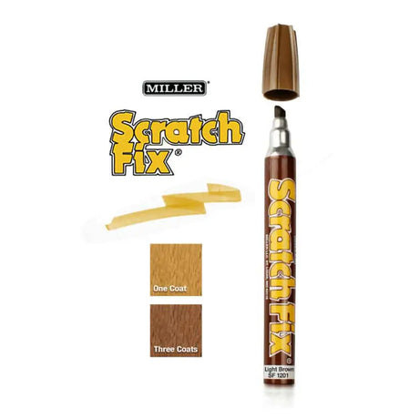 Miller Scratch Fix pen with brown color swatch and application examples on a white background