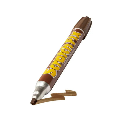Brown marker with yellow text on a white background