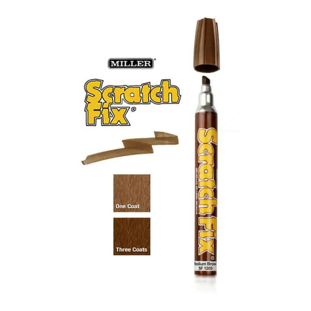 Miller Scratch Fix pen with brown color swatches on a white background