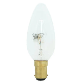Clear light bulb with brass base on a white background