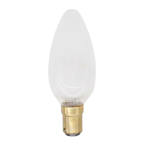 Clear light bulb with a brass base on a white background