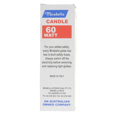 Mirabella candle packaging with 60 watt information on a white background