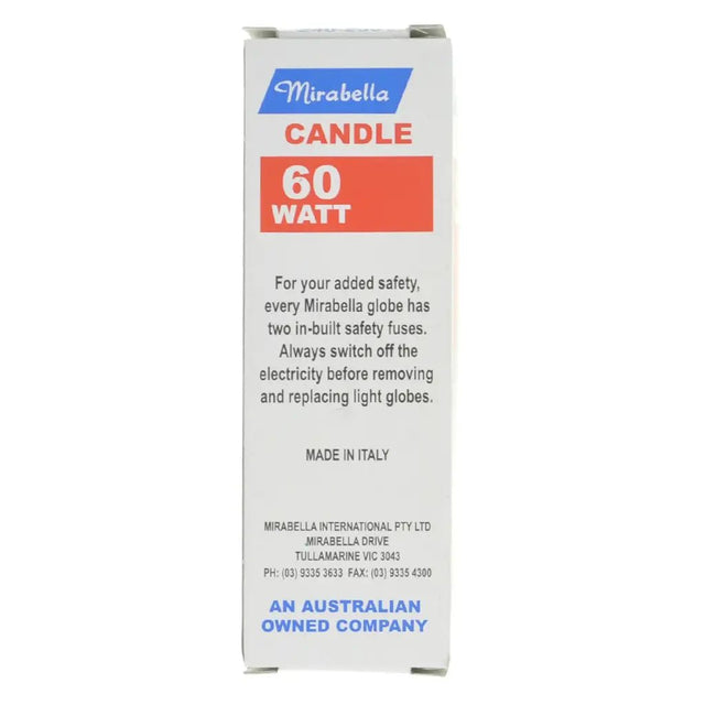 Mirabella candle packaging with 60 watt information on a white background