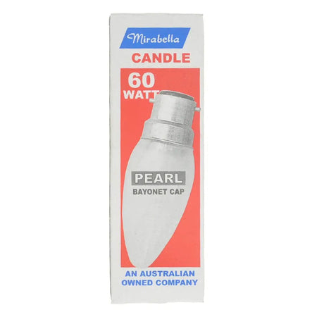 Mirabella candle bulb packaging with a white candle on a red background